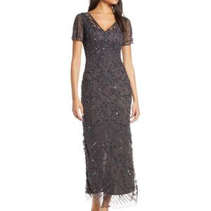 Pisarro Nights V Neck Beaded Mesh Column Gown Slate Maxi Dress Size 14 Elegant